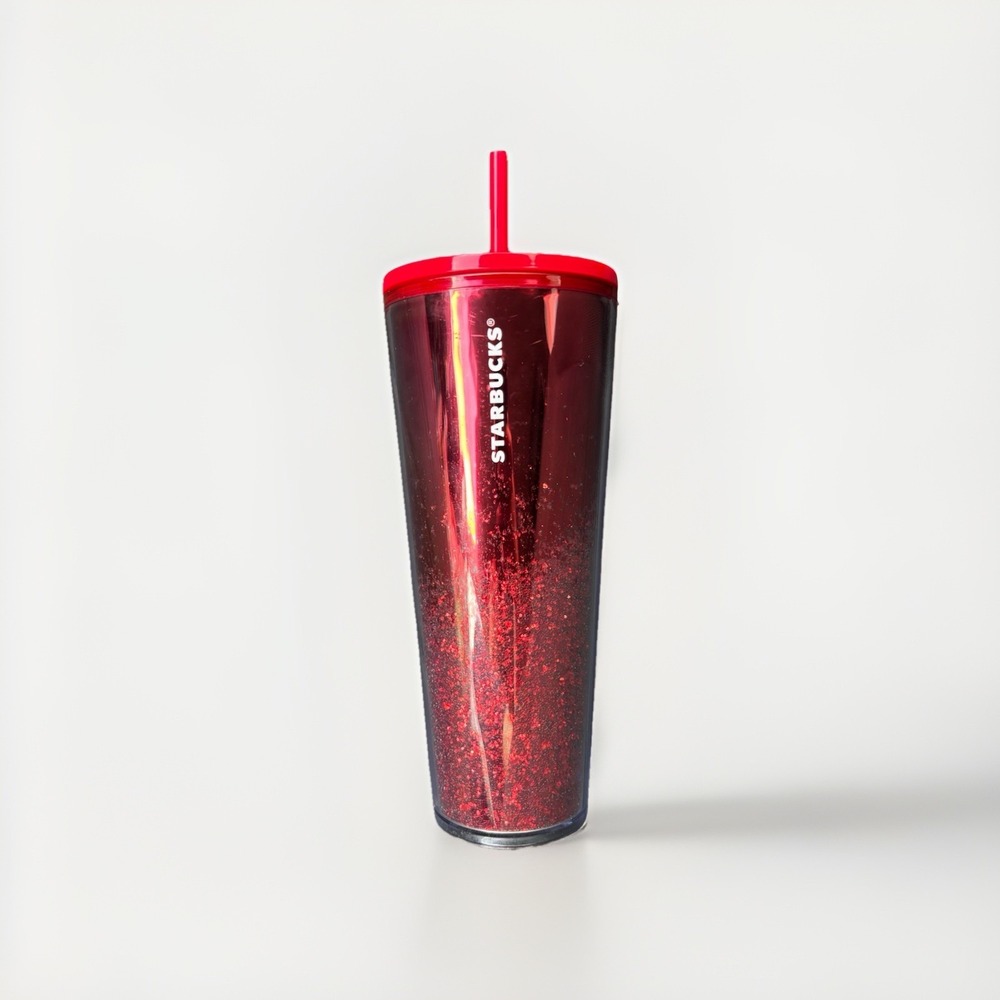 Starbucks Red Glitter Tumbler 24 oz Cold Cup with Straw and Lid Gently Used